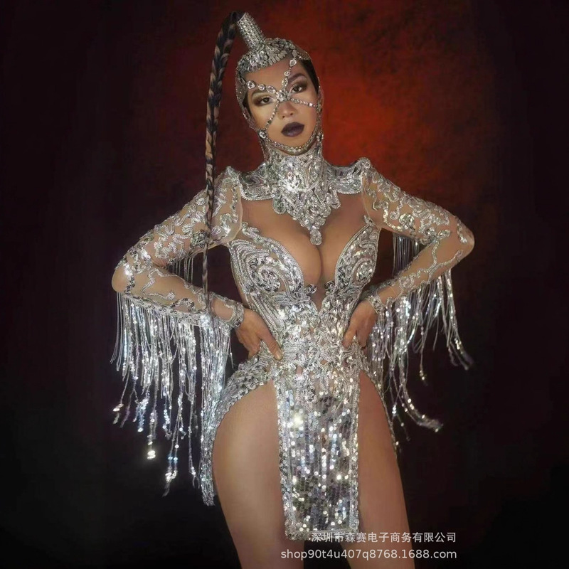 2024 Sexy Flash Fringe Show Costume Shiny Sequins Mini dress Party Club Transparent Dress
