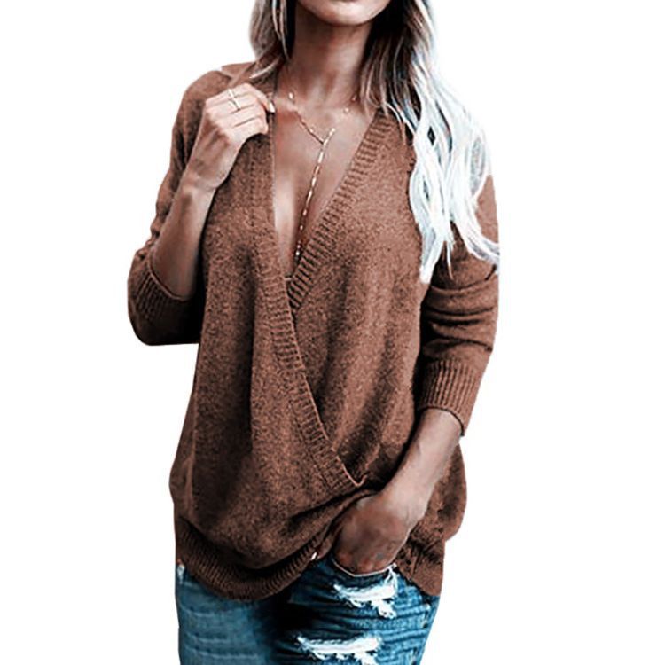 Autumn and winter Amazon cross-border foreign trade sweater women's European and American sexy cross deep V-neck loose spliced ​​pullover sweater