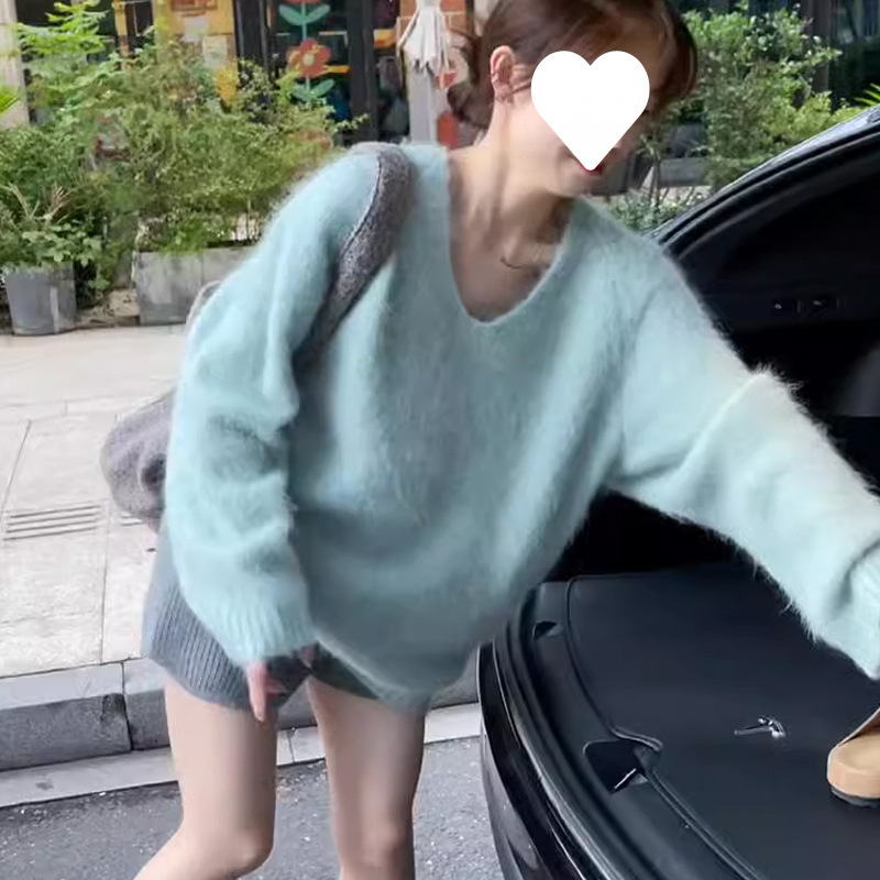 韩系薄荷曼波绿领马海毛毛衣女秋冬加厚宽松慵懒风套头针织上衣