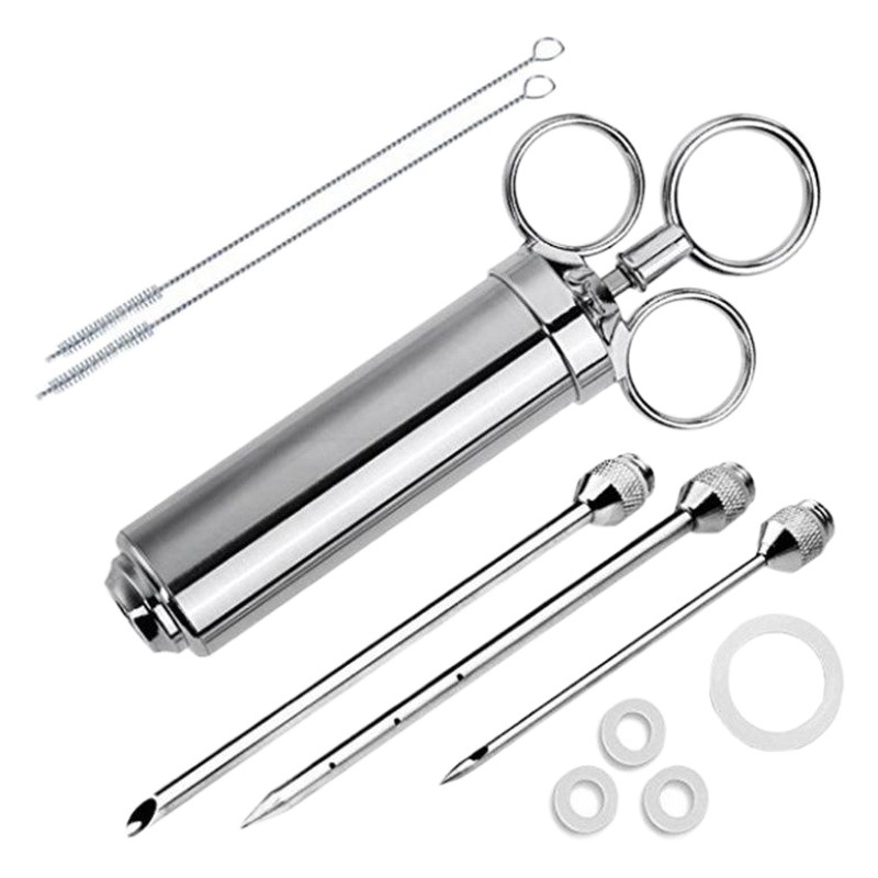 Cross-border three-needle stainless steel seasoning turkey syringe turkey needle 2OZ with cleaning brush barbecue tools