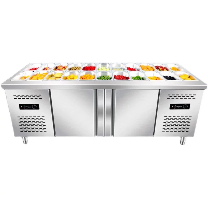 Refrigerador frigorífico ranurado comercial, té con leche, congelador de frutas, vitrina, mesa de material pequeño, operación de ensalada, refrigerador