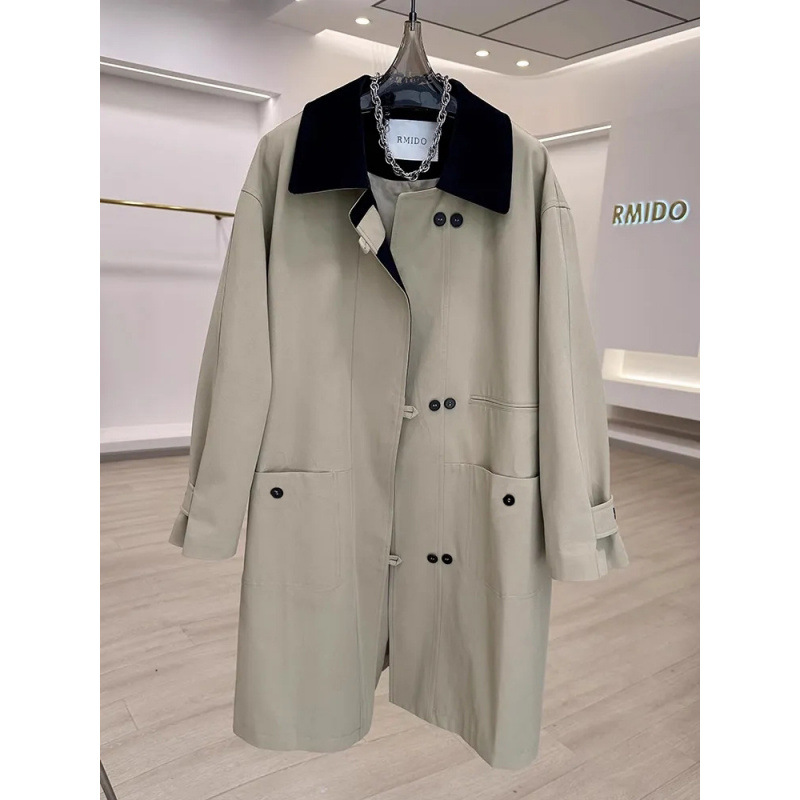 Korean-style patchwork color-blocking women's medium-long coat 2025 spring new casual loose-fitting slimming petite trendy outerwear