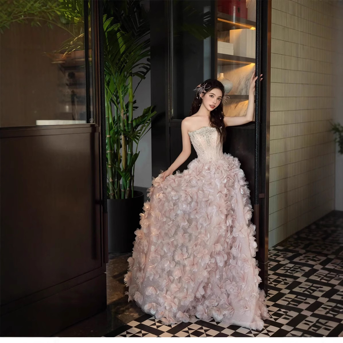 Escape Princess Niche Evening Dress Off-shoulder New Arrival Ceremony Birthday Banquet Pink Flower Dress for Banquet