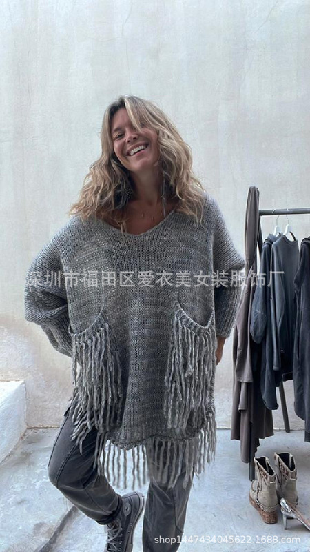 2023秋冬欧米アマゾンeBayクロスボーダー新型女装ファッションvネックゆるいフリンジニットセーター3色|undefined