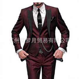 爆款亚马逊男士三件套套装西服黑色翻领拼色西服宴会聚会西装新郎
