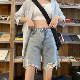 2022夏季韩版高腰破洞牛仔裤女五分短裤宽松阔腿显瘦直筒中裤潮