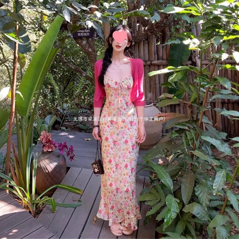 2026 French Retro Floral Suspender Dress for Women, Spring and Summer Elegant Rose Red Cardigan Long Dress Set