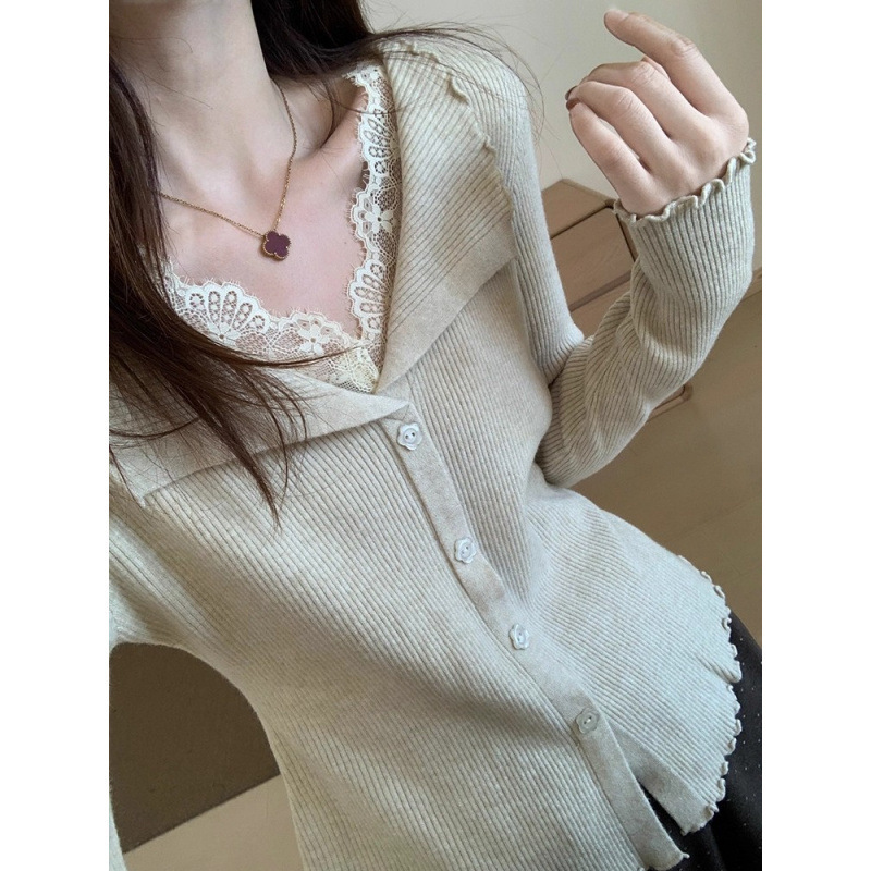 French Lace Splicing Collar Irregular Wool Knit Sweater 2025 Winter New Women's Slim Fit Base Shirt