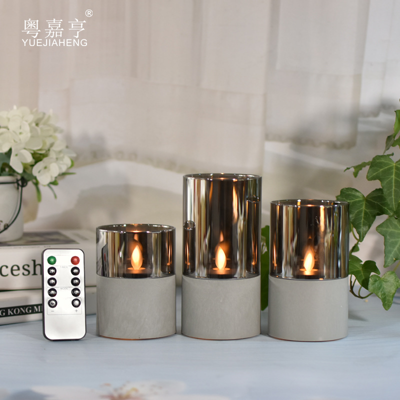 輕奢創意LED電子蠟燭浪漫家居仿真水泥煙灰色玻璃罩蠟燭燈小夜燈