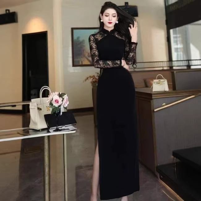High-End Socialite Velvet Mesh Splicing Velvet Dress, New Chinese-Style Banquet Dress with Socialite Elegance and Goddess-Like Charm