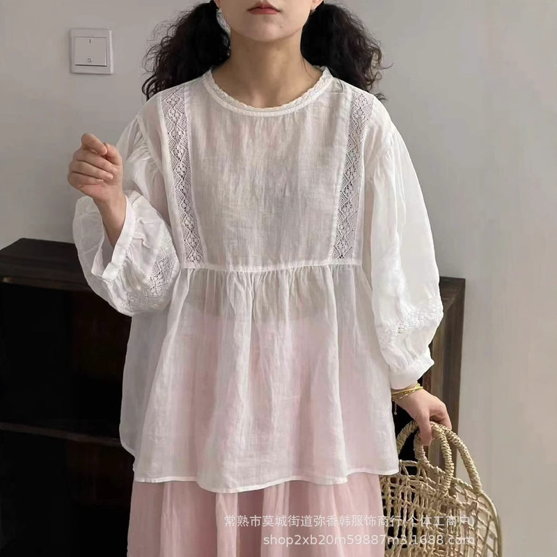 Babydoll Shirt, Loose Bat-Shaped Shirt, Ramie Three-Quarter Sleeve Top, Lace Pleated Elastic Waist Ramie Skirt