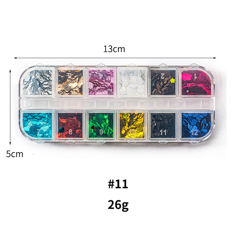 Taifei uñas caja de tira larga lentejuelas 12 rejilla caja de tira larga parche de uñas DIY uñas lentejuelas uñas traje de joyería