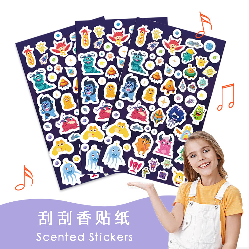 刮刮香味贴纸跨境电商儿童香味贴纸套装卡通图案摩擦水果香味贴纸