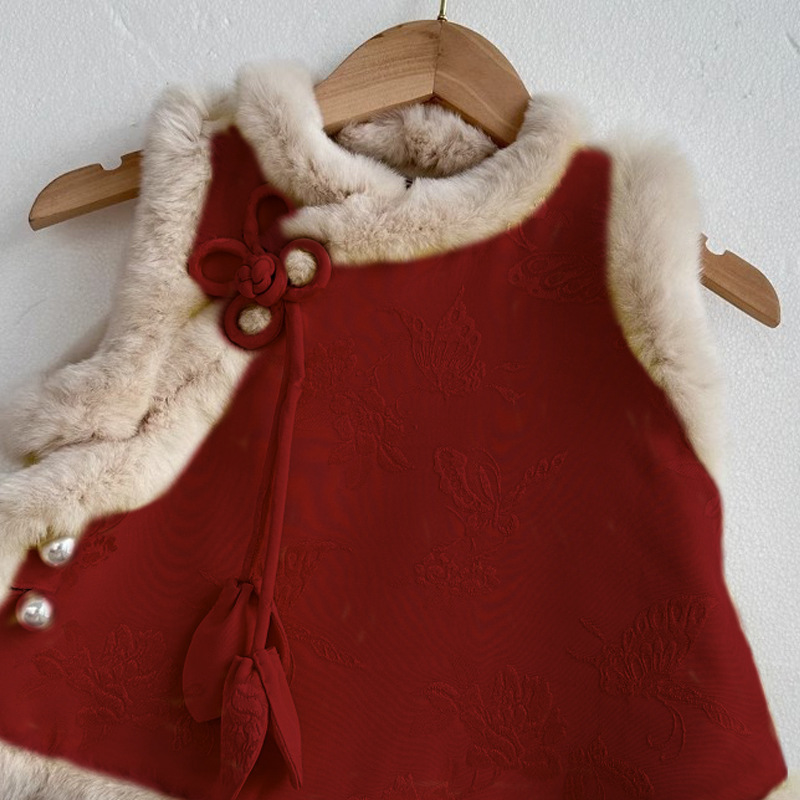 Salty Lime siete año nuevo saludo ropa chaleco rojo de las niñas invierno Estilo nacional cheongsam bebé niñas chaleco engrosado traje Tang DE LOS NIÑOS moda