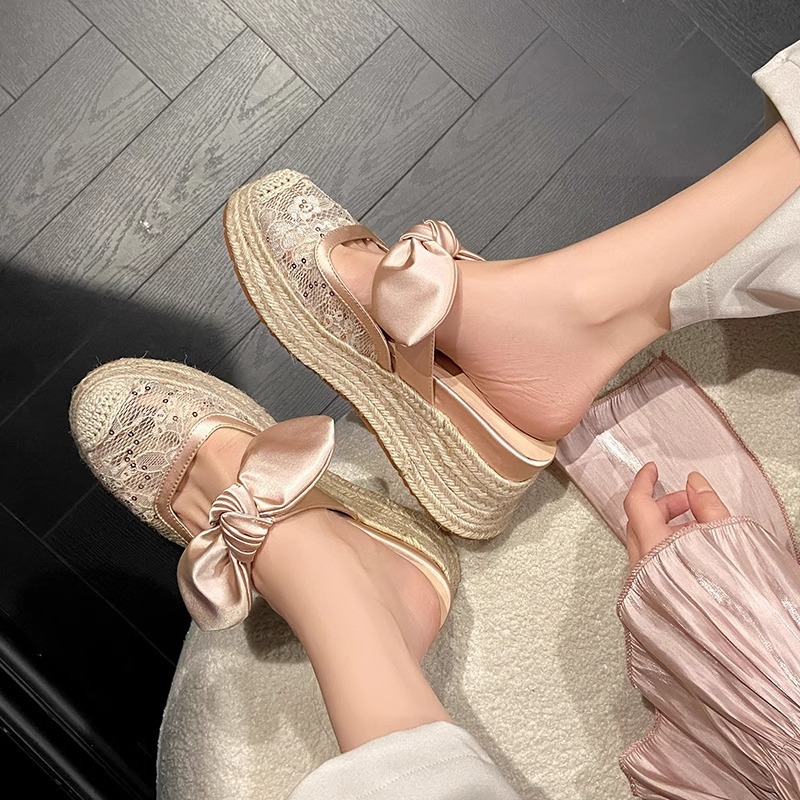 Piel de oveja versión 2025 nuevo verano Baotou sandalias mujer encaje malla hueco transpirable zapatos de plataforma zapatos de pescador tejido de paja