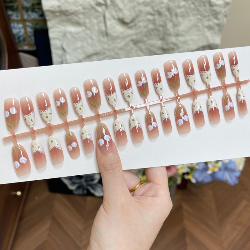 Ins Wearable Nails High-End Pink Brown Gradient Tulip Lace Manicure Nails Cute Girl Fake Nails Removable Ins Wearable Nails High-End Pink Brown Gradient Tulip Lace Manicure Nails Cute Girl Fake Nails Removable