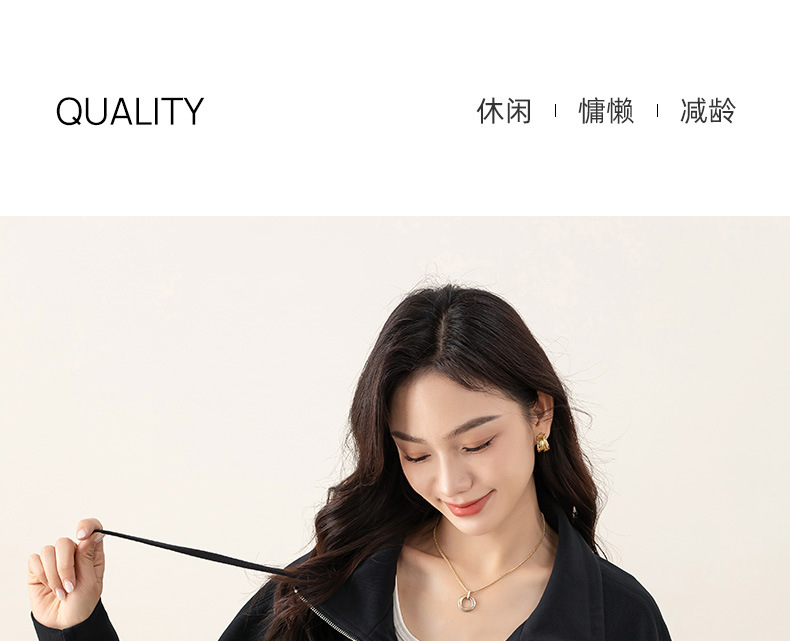 Áo khoác nỉ dây kéo len pha trộn dáng rộng cổ lật cho nữ mùa thu — màu xanh hải quân chi tiết 2