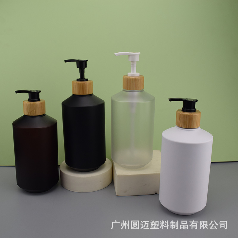 工厂现货直销500ml磨砂斜肩瓶搭配竹纹泵头洗发水沐浴露分装瓶