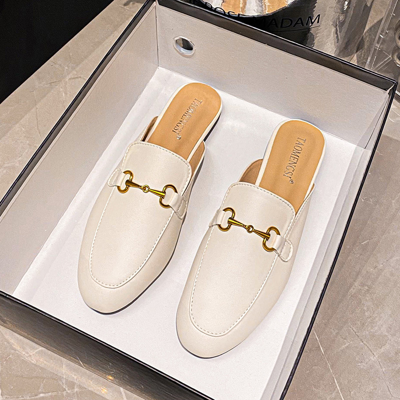 111-A1 Huệ Đông Yixinda Cassi Wine Party Horsebit Flat Mule Slippers for Women, Half-Slip Outdoor Sandals