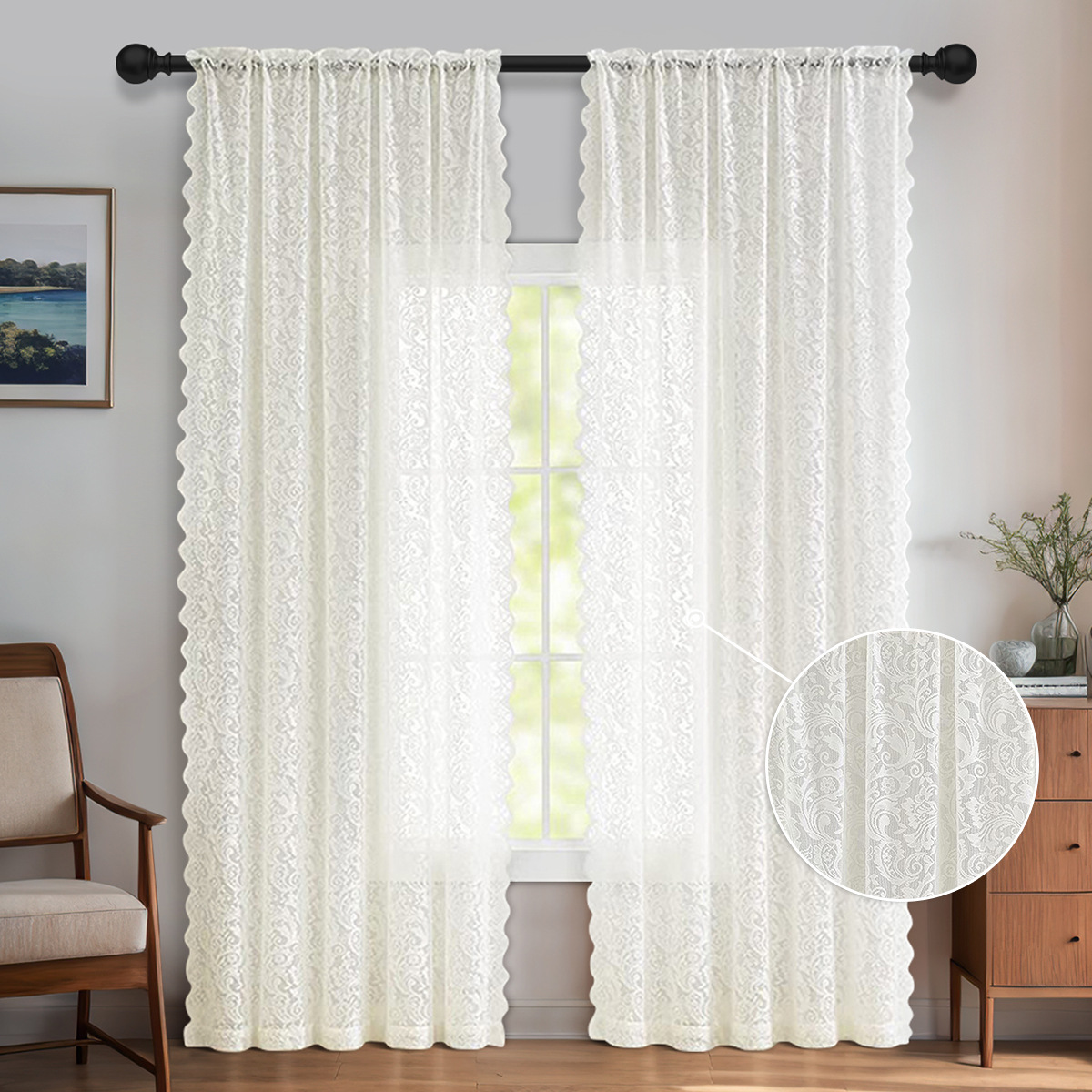 Nuevo anchoa transfronteriza de urdimbre cortina de ventana de encaje semisombrable cortina decoración retro dormitorio TEMU