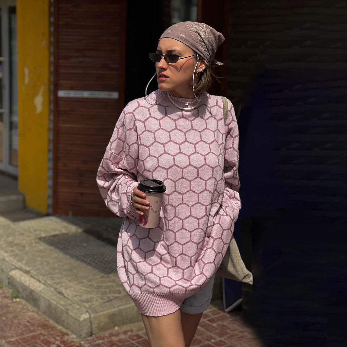 Women's Clothing round neck bee sweater loose temperament versatile plaid pullover sweater _voghion.com