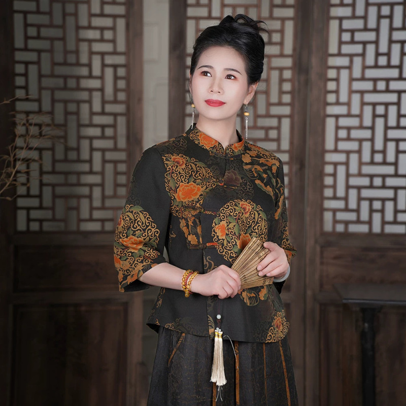 2026 New Xiangyun Silk Short-Sleeve Top, featuring a full open-front design with intricate floral patterns, women's original design