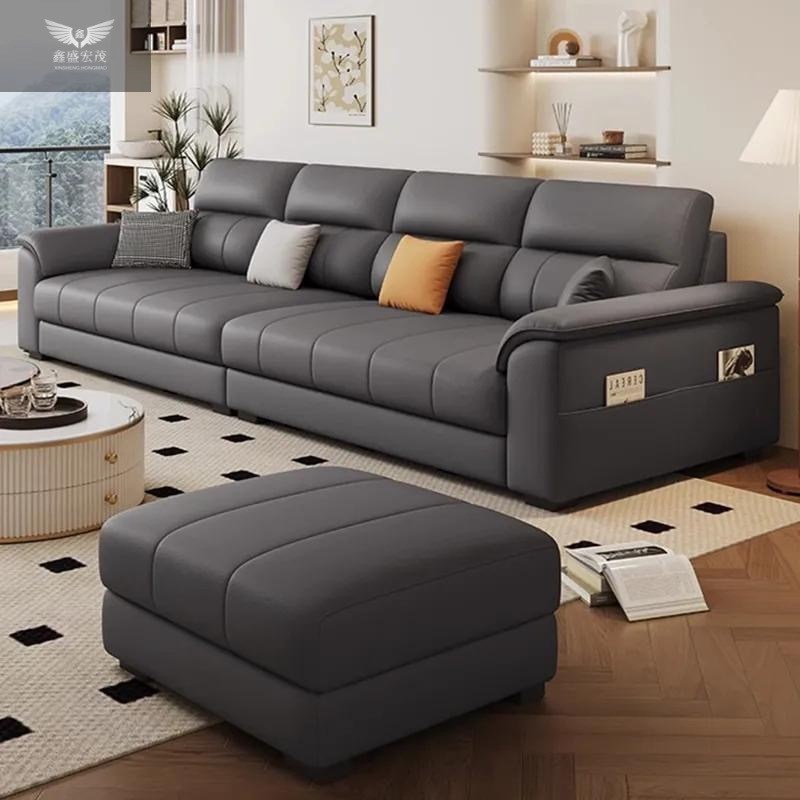 Foshan fuente de fábrica gato sofá de piel simple moderno pequeño hogar línea recta tres o cuatro personas con pedal al por mayor