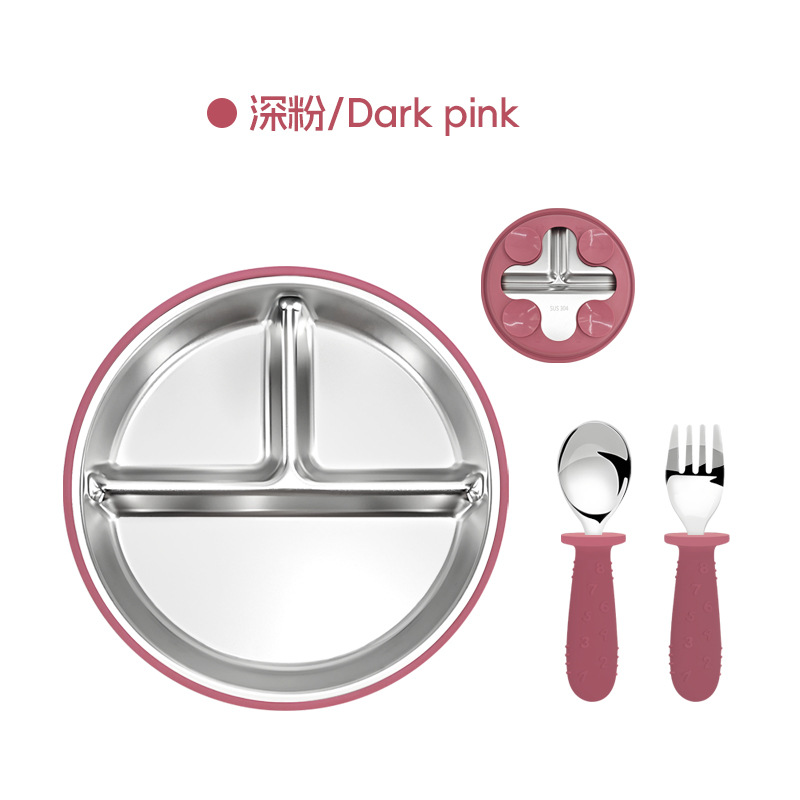 Amazon cubiertos infantiles de acero inoxidable para bebés comidas 304 cubiertos de acero inoxidable platos de silicona tipo ventosa
