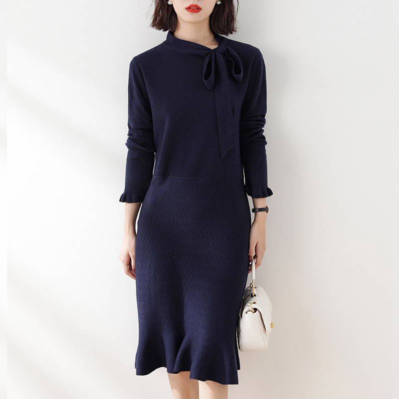 Elegant feminine mid-length fishtail skirt women's 2021 early autumn new bow solid color wool knitted dress Elegant feminine mid-length fishtail skirt women's 2021 early autumn new bow solid color wool knitted dress