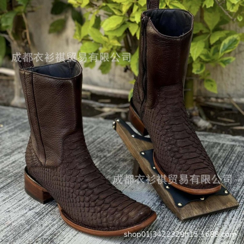 Amazon TEMU cross-border foreign trade new model chunky heel men's knight boots, crocodile square toe snake pattern mid-calf western cowboy boots