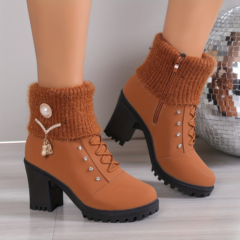 Women's Ankle Boots Booties with Heel Short Boots Imitation Pearl Decoration Knitted Stitching