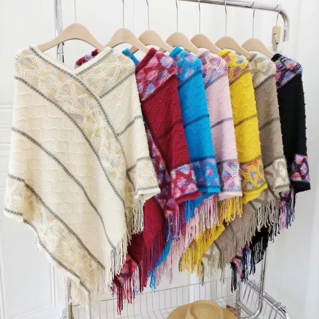 Spring and Autumn All-match New Ethnic Style Pullover Diamond Plaid Shawl Tassel Poncho Women's Fashion Travel Jacket
