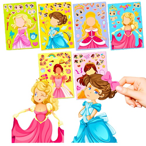 Cross-border 6 sheets per pack Fairy Princess Face Change Puzzle Sticker Princess Face Change Make a Face Puzzle Sticker