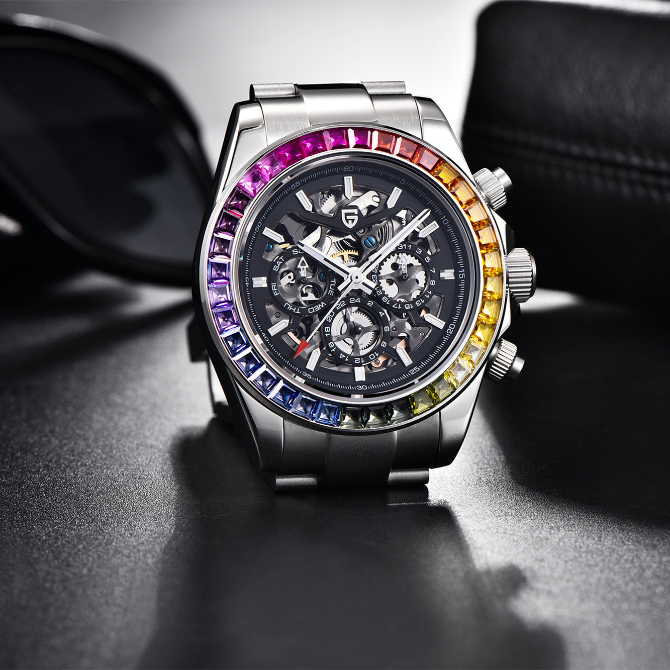 PAGANIDESIGN reloj mecánico automático de los hombres multi-función impermeable hueco Arco Iris anillo reloj masculino 1777