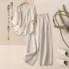 2025 新しい夏のリネンスーツの女性のハイエンド七分袖 V ネック刺繍シャツ綿とリネンのワイドレッグパンツ 2 点セット
