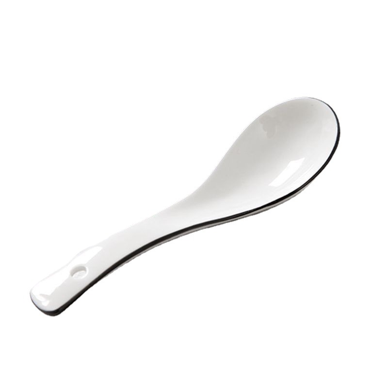 Cucharas de cerámica al por mayor, blancas puras con bordes negros, cucharas para sopa, cucharas para arroz, cucharas de mango largo con forma de cisne, vajilla diaria, utensilios de mesa estilo occidental.