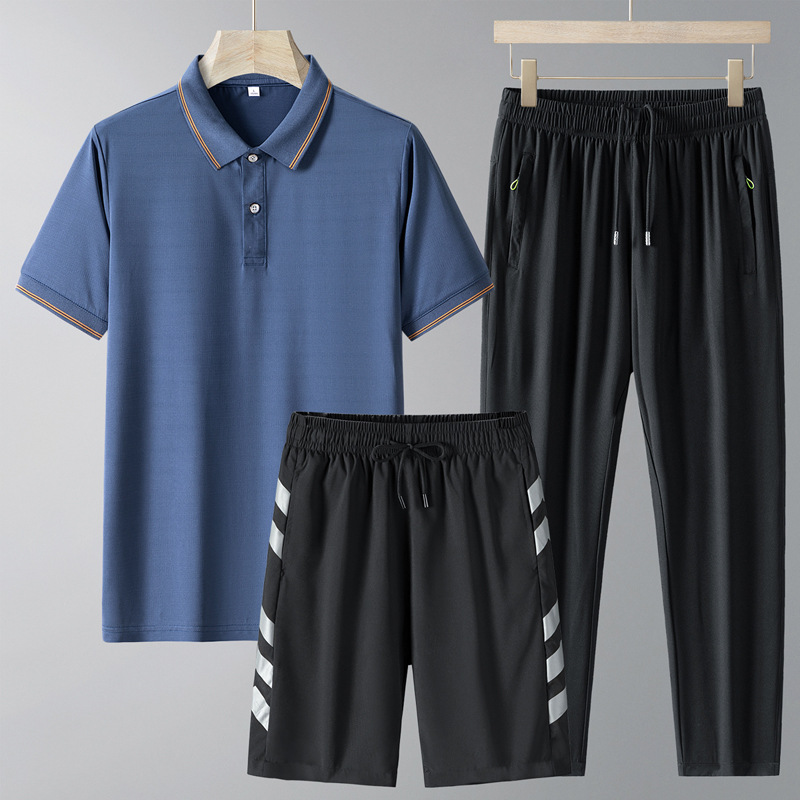Set de manga corta de mediana edad para hombre verano papá pantalones cortos de hielo con solapa polo casual de tres piezas pantalones secos rápidos