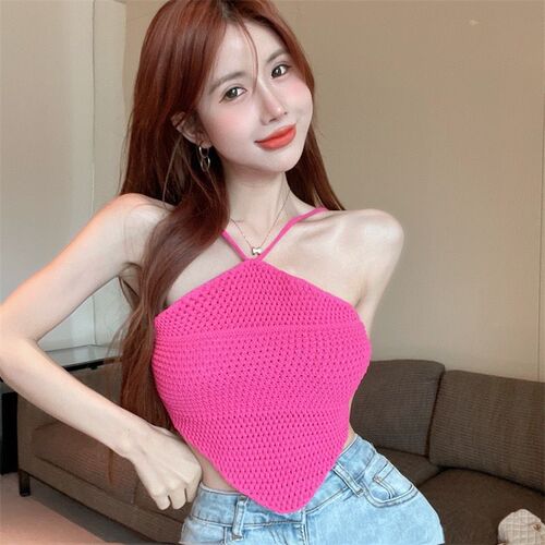 Pure lust style sexy backless lace-up knitted camisole female hollow hot girl slim fit sleeveless halterneck short top
