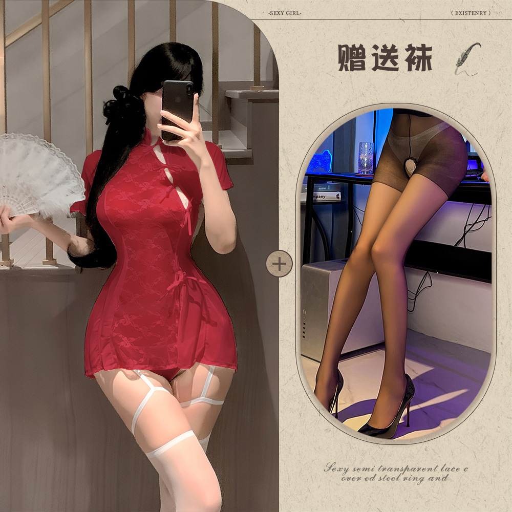 빨간색 + 검정색 오픈 크로치 스타킹