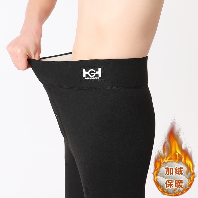 Hot-selling fleece-lined and thickened thermal leggings for men, high-waisted stretch cotton pants
