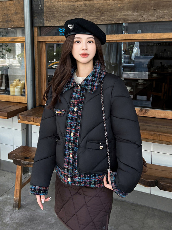 棉服女小香风格子撞色拼接防寒服显瘦洋气保暖棉袄短款外套小棉衣|undefined