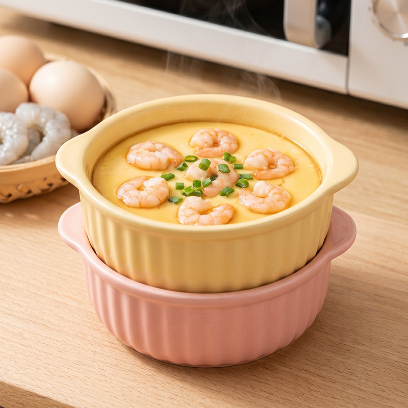 Ceramic Double-Eared Soup Bowl with Underglaze Color, High Aesthetic Value, Household Noodle Bowl with Spoon, Tableware, Salad Bowl, Microwave Safe