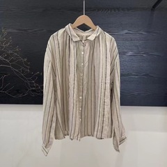 秋季新款亚麻亲肤舒适宽松版竖条纹衬衫长袖文艺休闲气质翻领衬衣