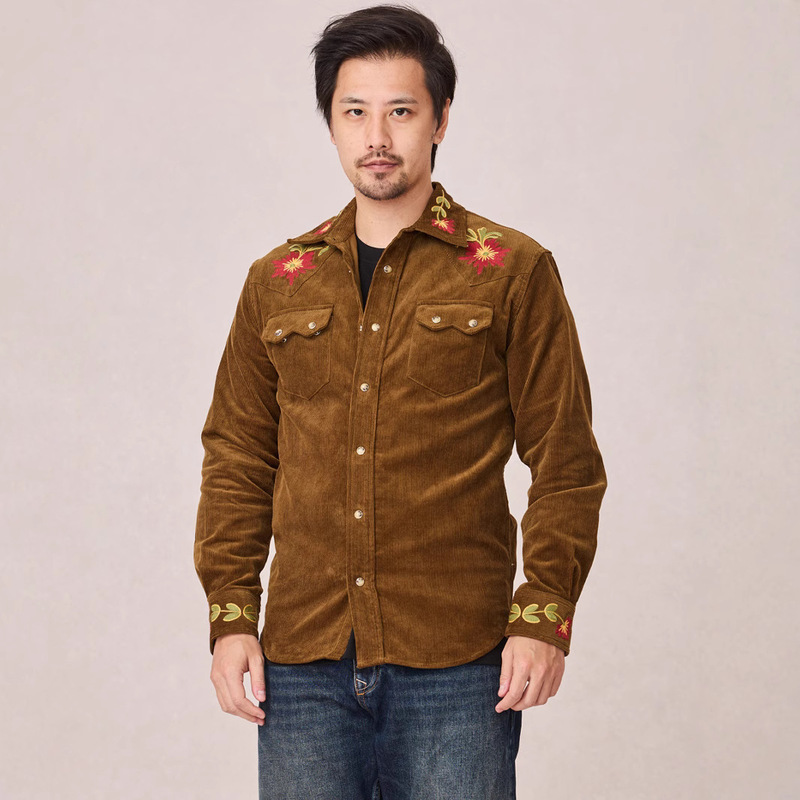 GDDQSDC American Western Musician Embroidered Men's Corduroy Long Sleeve Shirt Retro Ameli