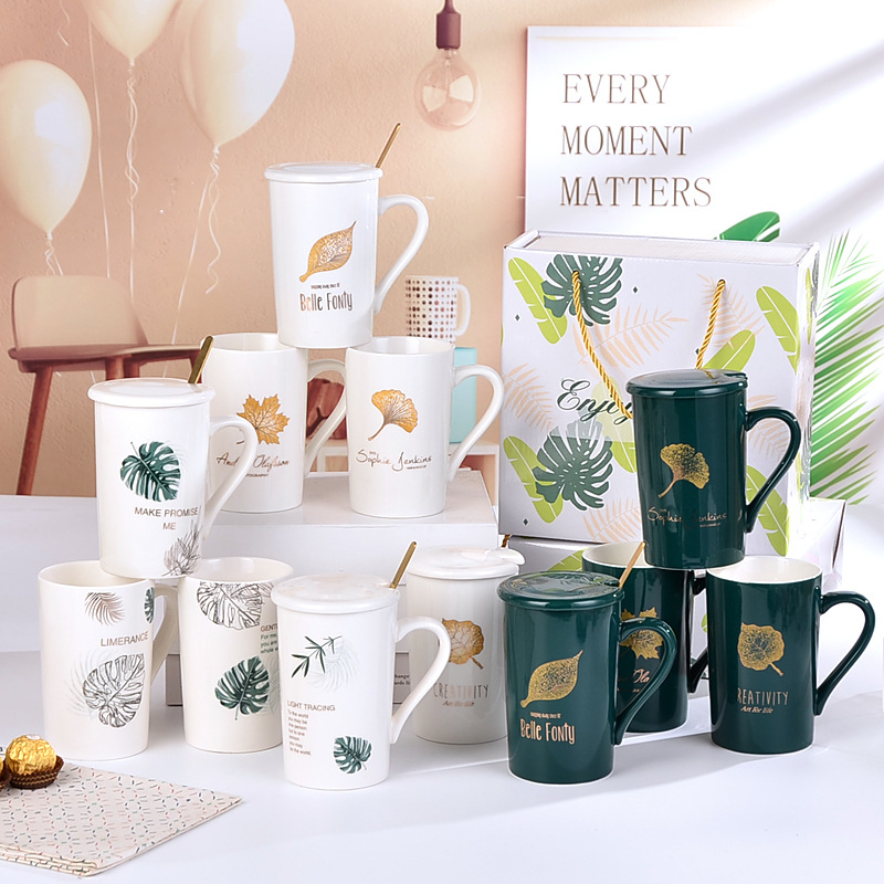 Nordic creative ceramic cup, water cup with spoon, large gift box set, mug practical LOGO gift