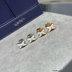 V金镀咪金CNC精工交叉耳钉天然白贝母仙女风高级耳饰 厂家直销