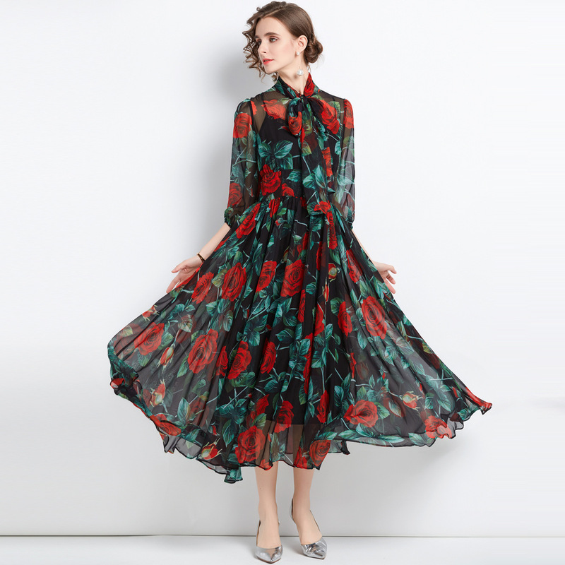 6615 Real Shot Autumn Women's Elegant Style Leading Seven-point Sleeve Holiday Style Printed Chiffon Large Swing Dress