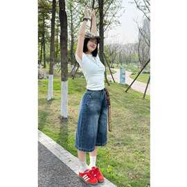 美式深蓝阔腿牛仔裤女夏季薄款宽松显瘦七分裤小个子百搭直筒中裤