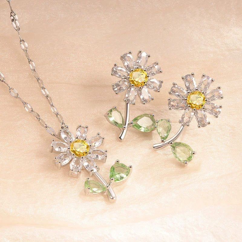 Earrings, necklace, small brand zirconium, set, diamond encrusted, flowered, light luxury style, internet celebrity