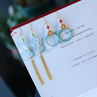 Vintage A Goods Jade Earrings Ring Earrings Natural Icestone Jade Blue Water Material Antique Tassel 925 Sterling Silver Earrings